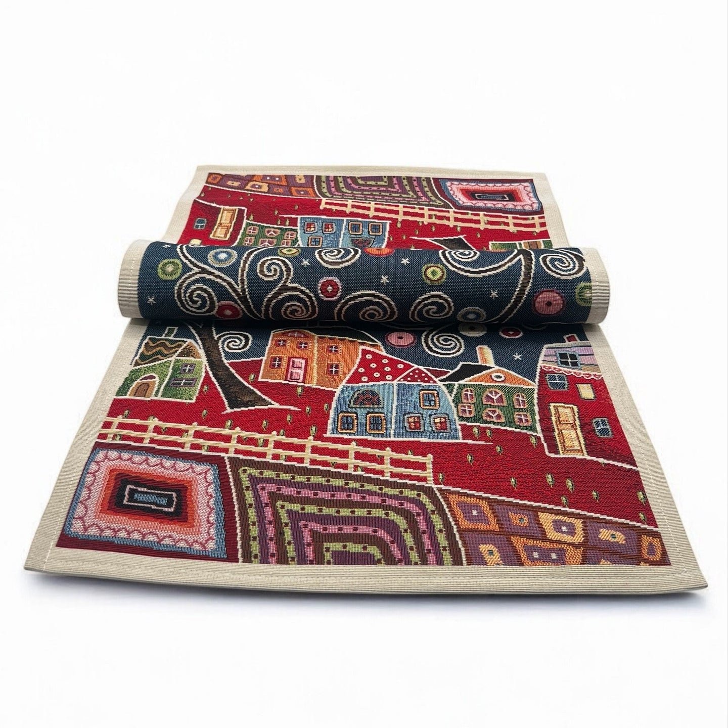 Runner Tovaglietta VILLAGE AT NIGHT, uni, Gobelin Jacquard