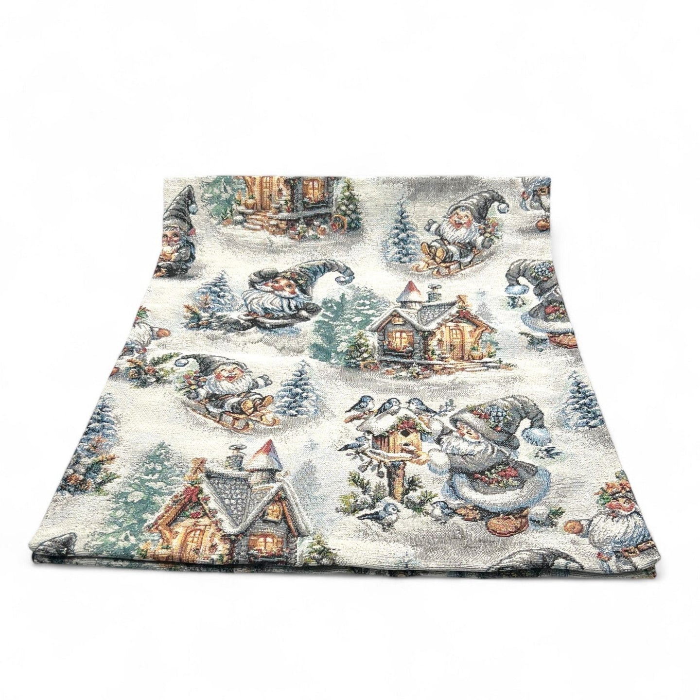 Tischläufer Runner WINTER GNOMES Allover, Gobelin Jacquard, Lurex silber