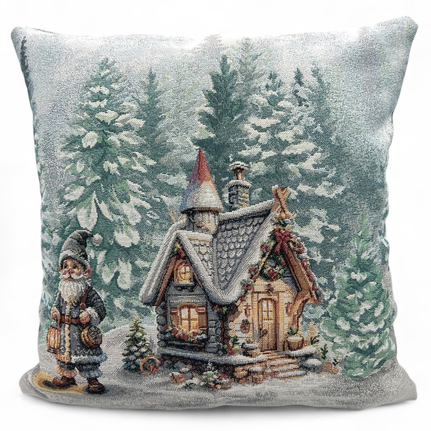 Copricuscino WINTER GNOMES A Natale Gobelin Jacquard, lurex argento, 45x45 cm