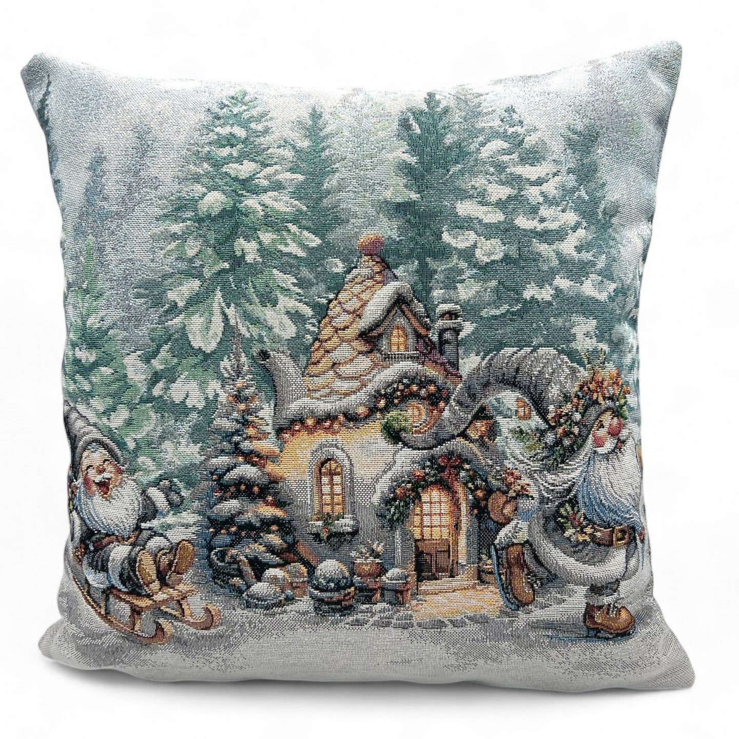 Copricuscino WINTER GNOMES C Natale Gobelin Jacquard, lurex argento, 45x45 cm