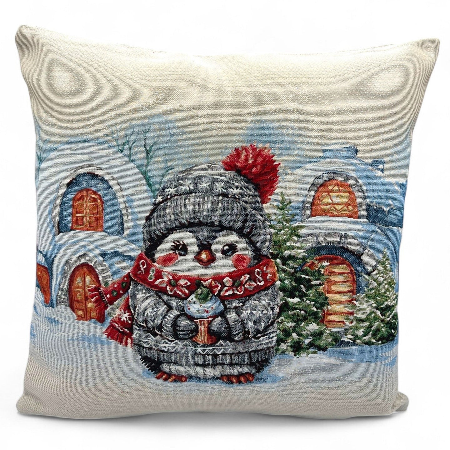 Copricuscino WINTER PENGUIN A Natale Gobelin Jacquard, lurex argento, 45x45 cm