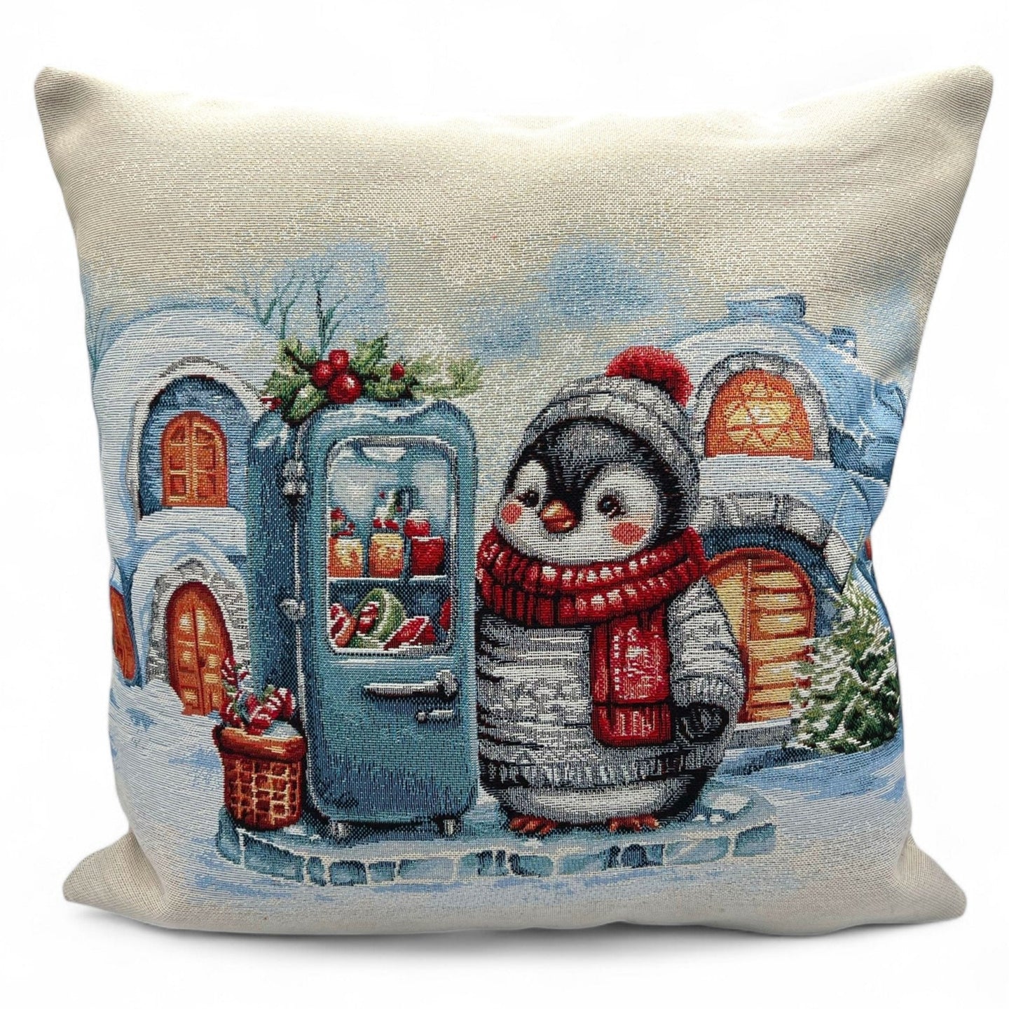 Copricuscino WINTER PENGUIN B Natale Gobelin Jacquard, lurex argento, 45x45 cm