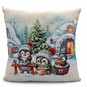 Copricuscino WINTER PENGUIN C Natale Gobelin Jacquard, lurex argento, 45x45 cm