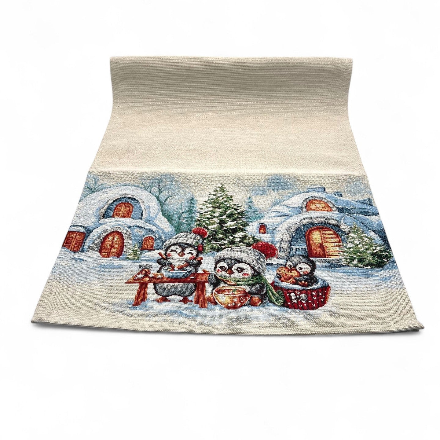 Tischläufer Runner Tischset WINTER PENGUIN, uni, Gobelin Jacquard, Lurex silber